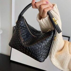 Black Woven Leather Shoulder Bag - Modern Women’s Handbag